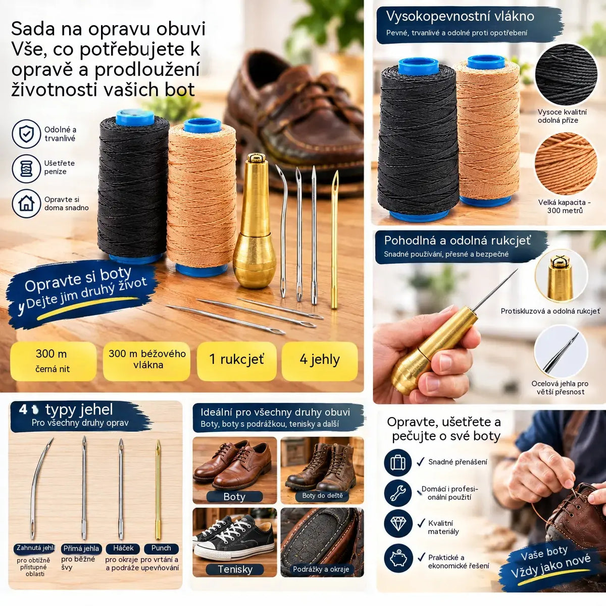 ✨Nyní sleva 50 %!✨ 5dílná sada šídla na šití kůže s voskovanou nití: nástroje pro ruční šití kůže.