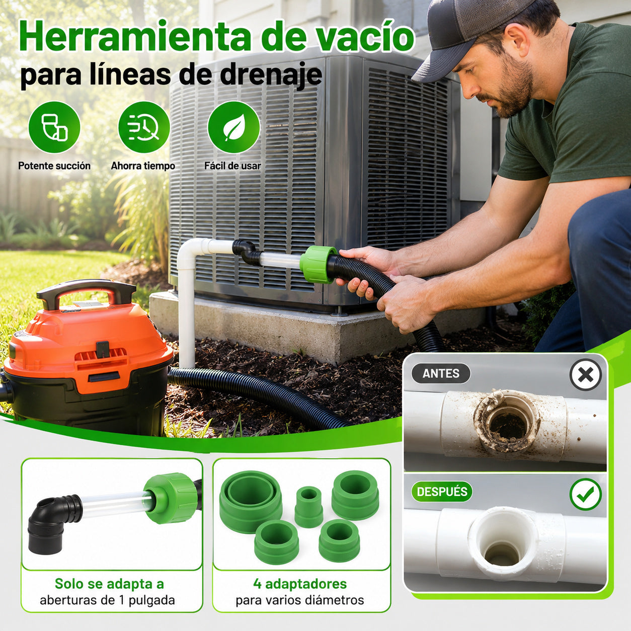 Herramienta para limpiar el tubo de desagüe del aire acondicionado, limpiador de tuberías de condensación, elimina rápidamente las obstrucciones, compatible con aspiradoras.