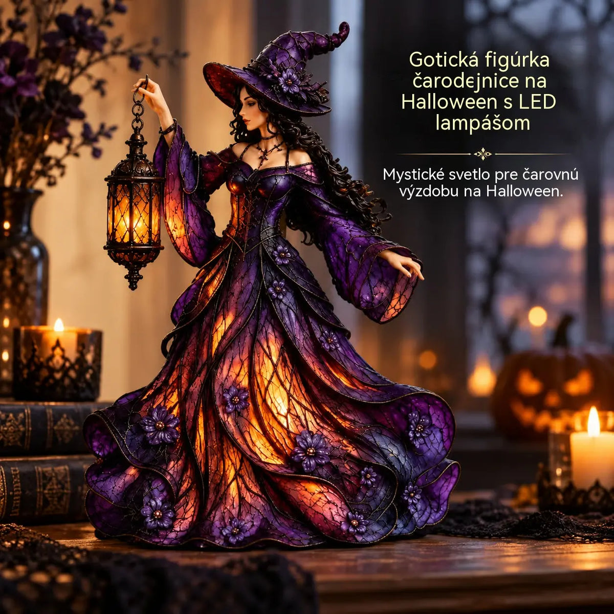 🧙‍♀️ Gotická figúrka halloweenskej čarodejnice s LED lampášom 🧙‍♀️