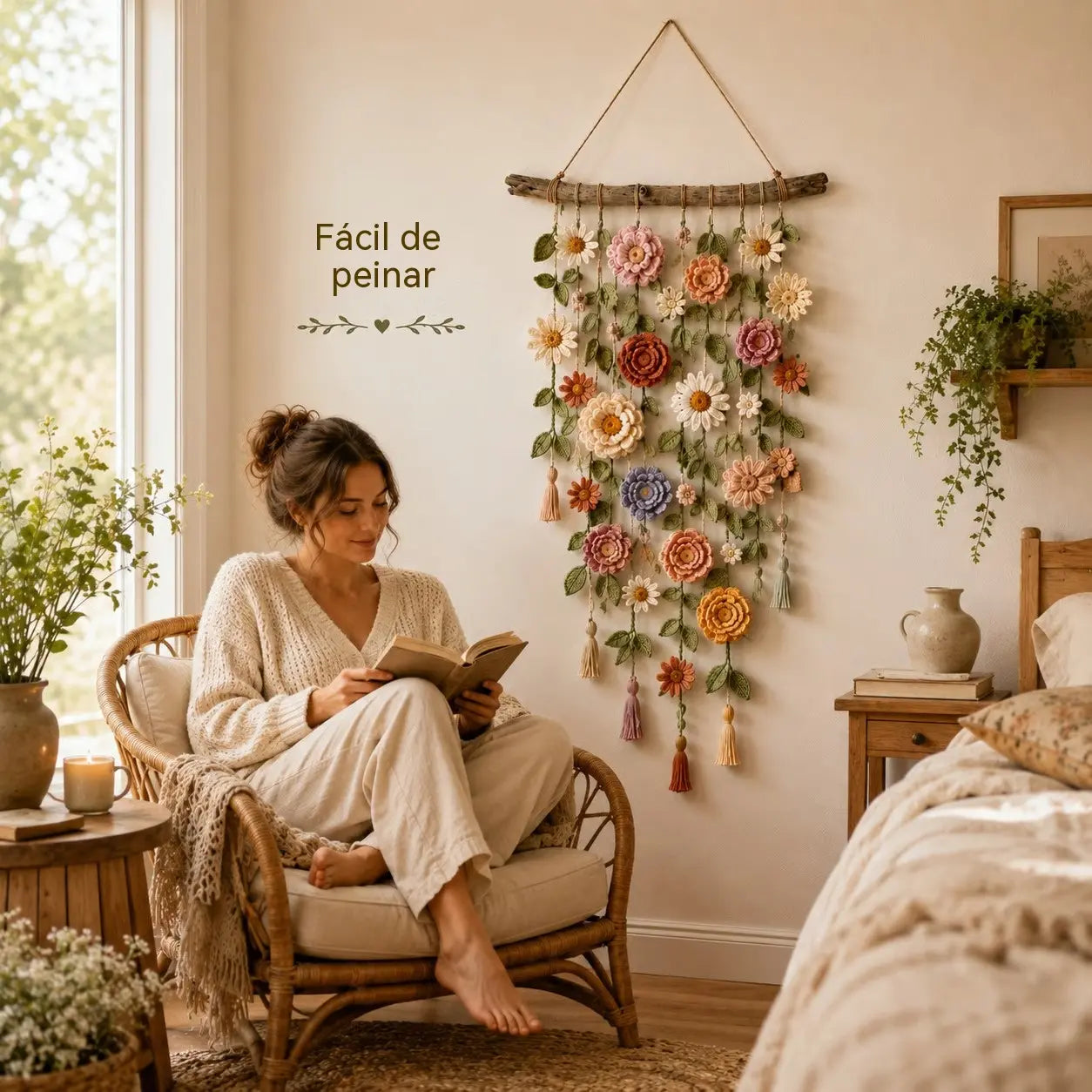 Decoración de pared estilo boho con flores de ganchillo 🌸🌿