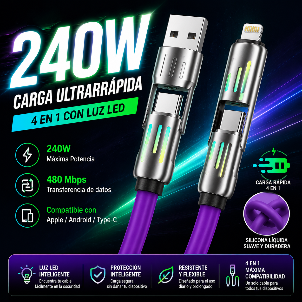 🔥 【2 unidades por 24 euros】 🔥 (1 metros de largo) Cable 4 en 1 PD 240 W – Carga rápida USB‑C, Lightning y USB‑A, aluminio y silicona, sincronización de datos ⚡📱