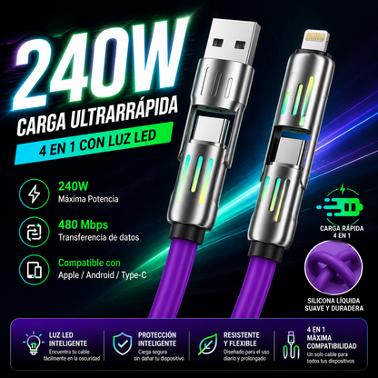 🔥 【2 unidades por 24 euros】 🔥 (1 metros de largo) Cable 4 en 1 PD 240 W – Carga rápida USB‑C, Lightning y USB‑A, aluminio y silicona, sincronización de datos ⚡📱
