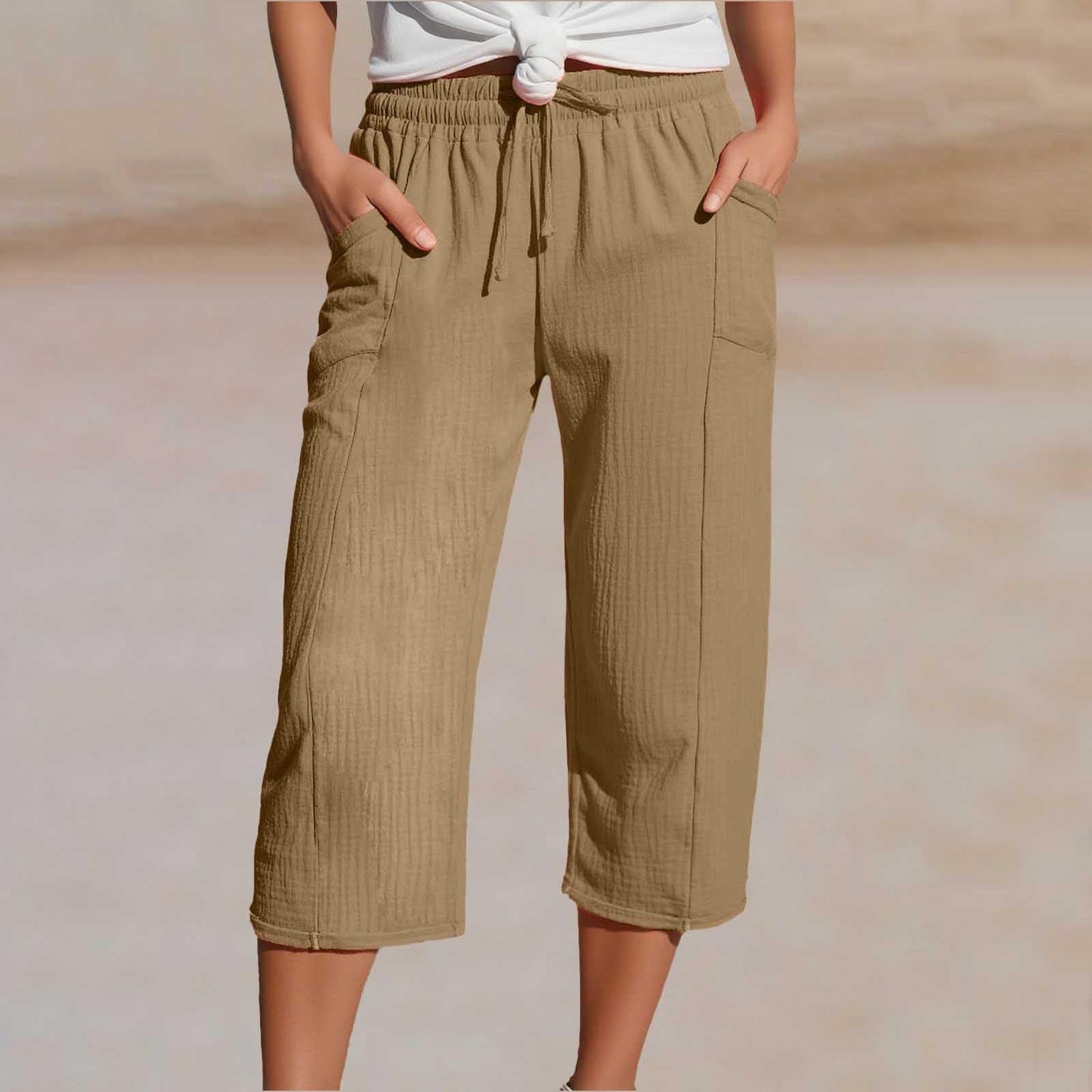 🌸【S-3XL】Pantalones capri plisados de algodón y lino de color liso