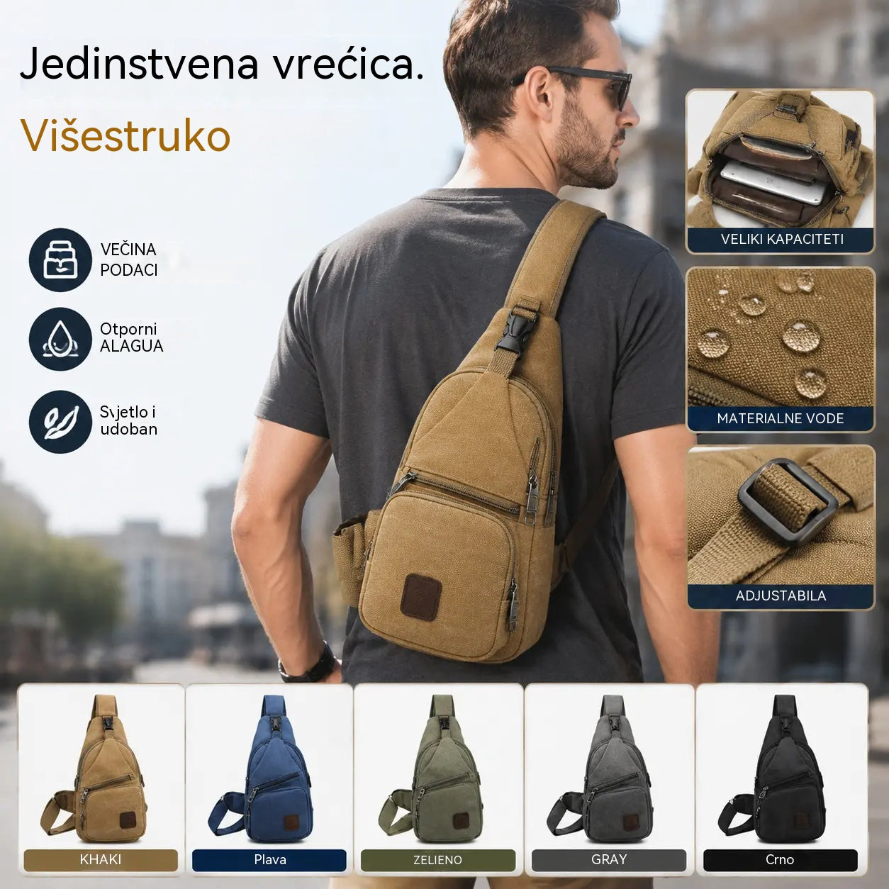 Vodootporna muška torba za rame, višenamjenski ruksak za prsa s više pretinaca za putovanja i svakodnevnu upotrebu
