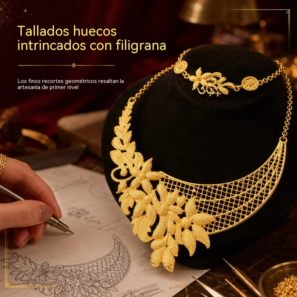✨ Juego de joyas nupciales chapadas en oro de 24 quilates estilo indio de Dubái: collar, pulsera, anillo y pendientes para mujer.