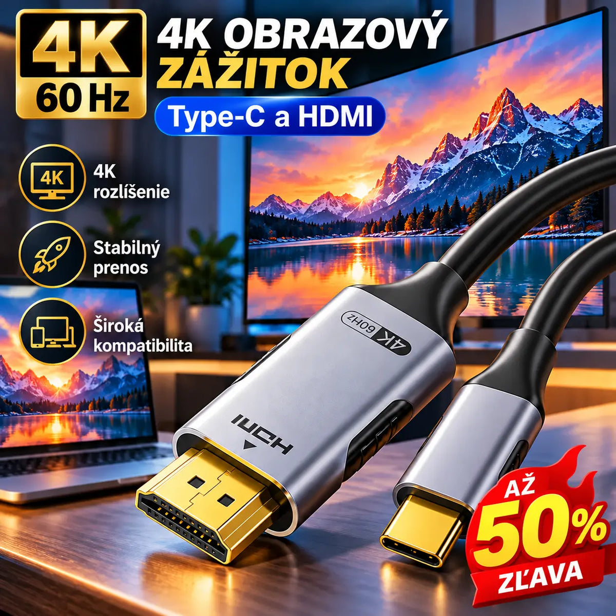 🔌 4K 60Hz Type-C na HDMI kábel – jednoduché prepojenie mobilu, notebooku a TV, jednosmerný prenos a stabilný obraz.