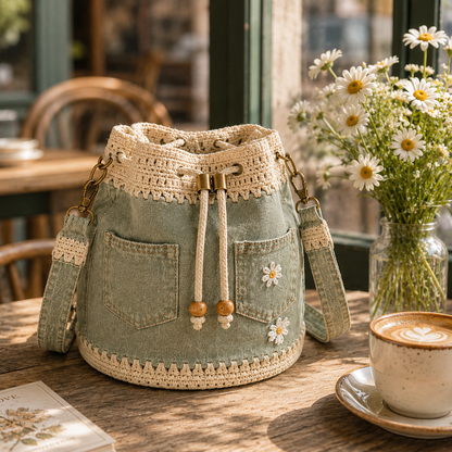 Un bolso de mezclilla tejida estilo bohemio que complementa todos tus looks ✨