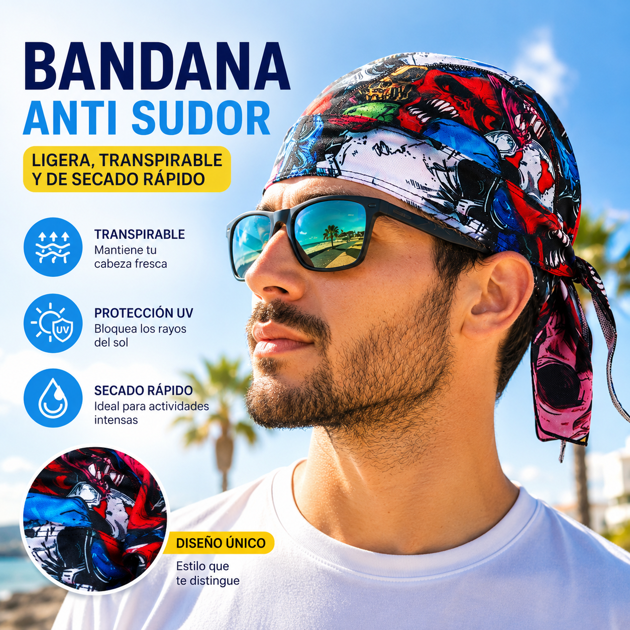 【2 pieza】Pañuelo clásico para motociclistas y deportistas.，Nueva cinta para la cabeza ajustable para hombre