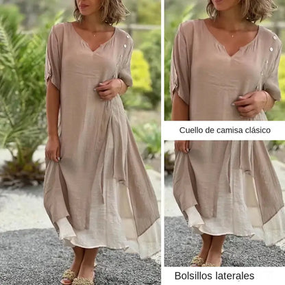 30%OFF【S-4XL】🌸👗Nuevo vestido asimétrico de dos piezas con escote en V