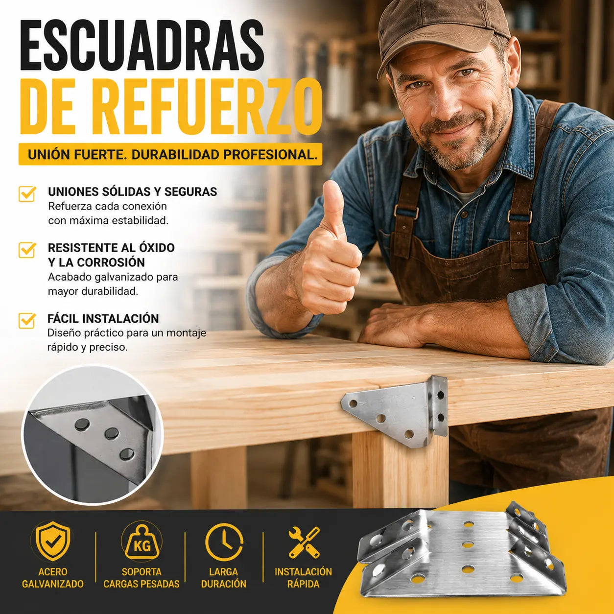 🔩 Escuadra Reforzada de Acero Inoxidable 90° – Soporte Multifunción para Reparar y Reforzar Muebles 🛠️
