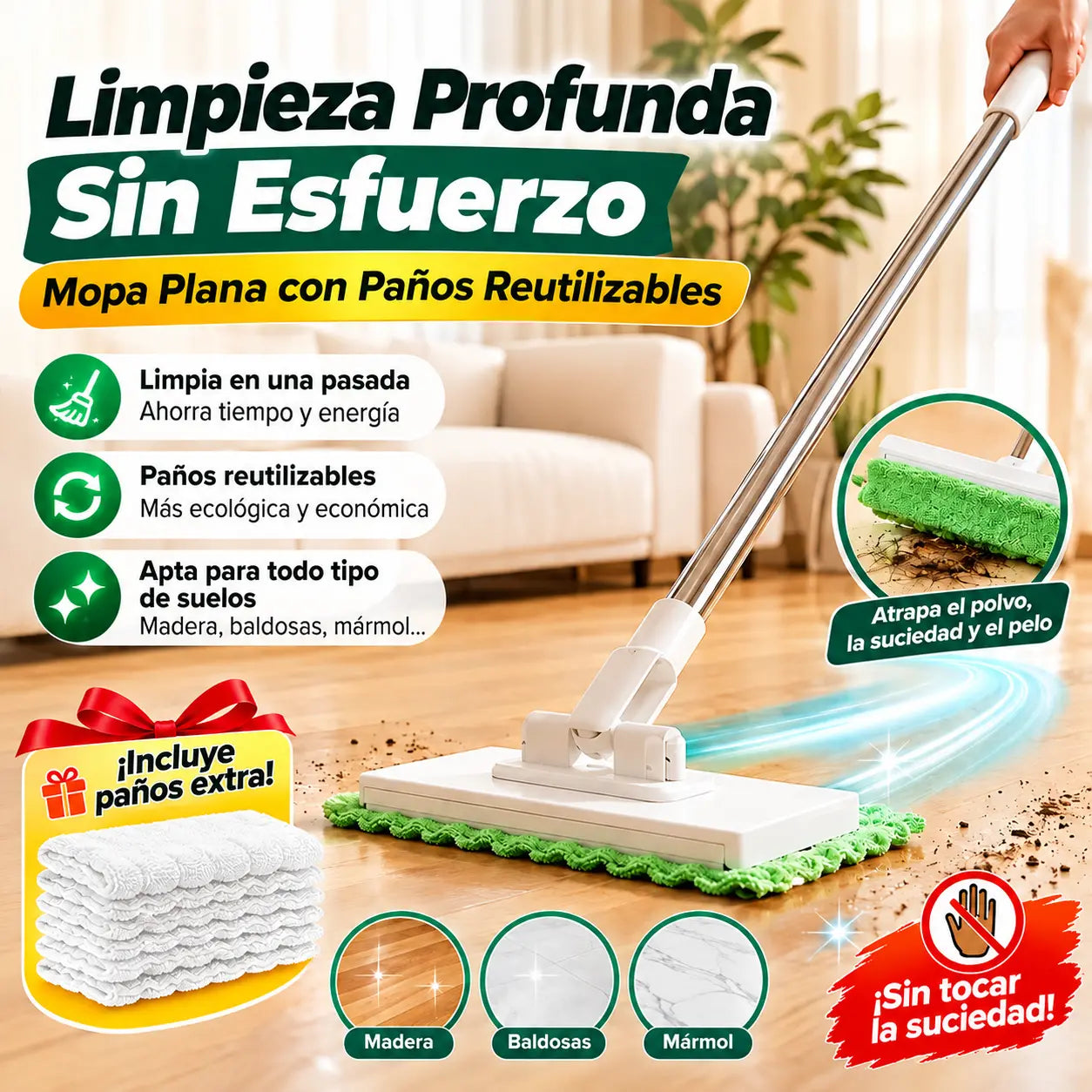 🔥【Juego de 4 piezas】Fregona sin enjuague🧹🏠 con diseño de pinza para paños, para que la limpieza del hogar sea más fácil
