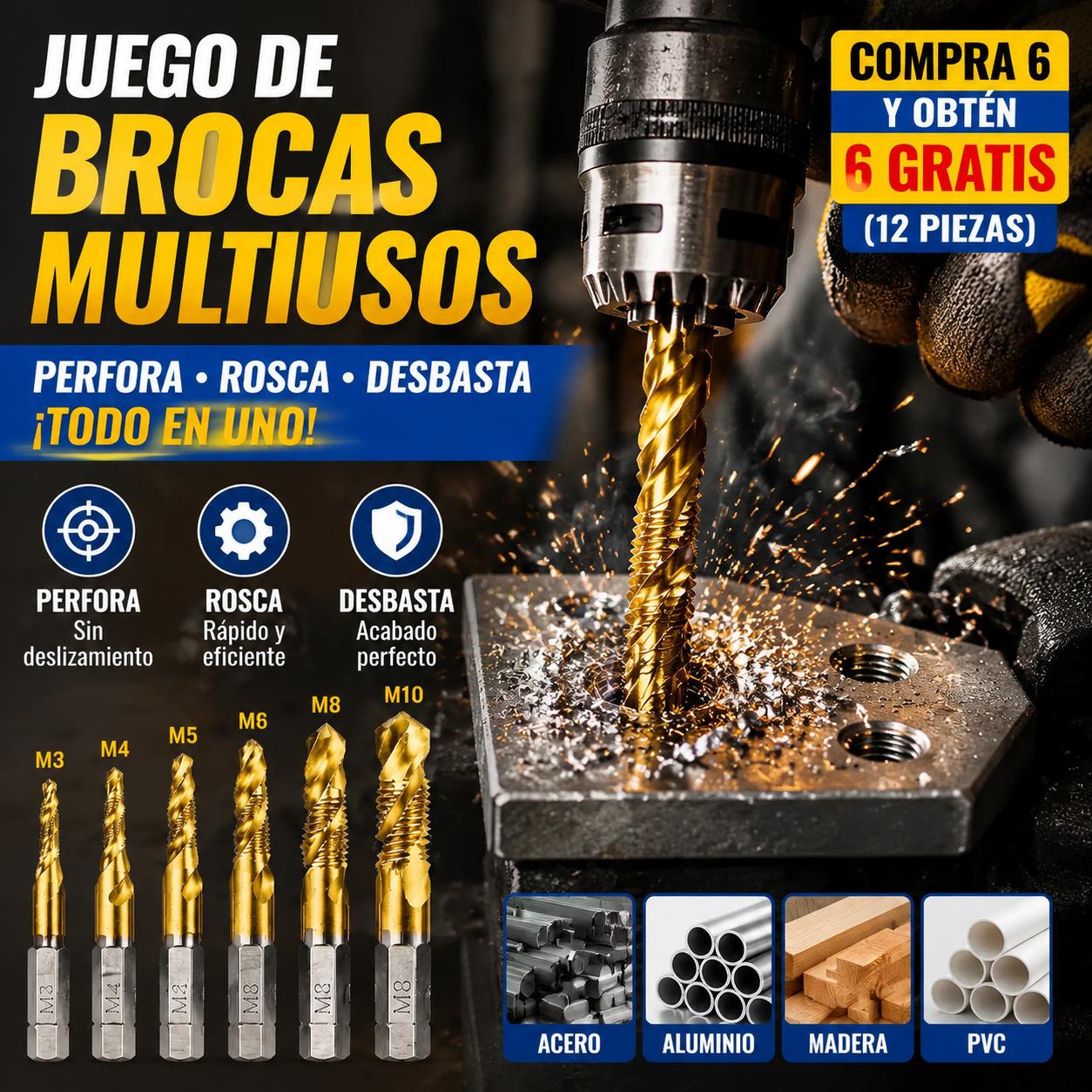 🔥【Compra 6 y obten 6 gratis（12 piezas）】🧰🔩 Juego de brocas multiusos