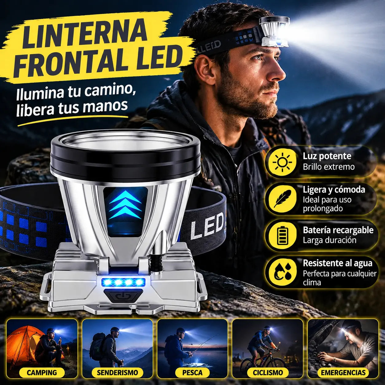 🔥Linterna frontal recargable de alta potencia súper brillante