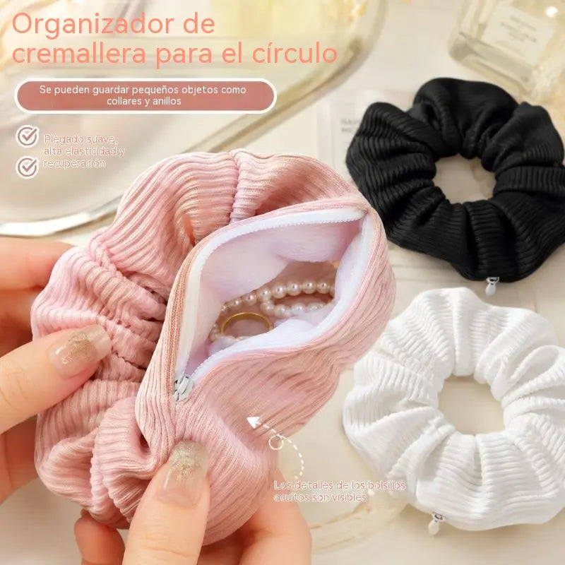 【3 pieza】Nueva goma para el pelo plisada con cremallera y bolsillo de almacenamiento oculto--Uno de cada color