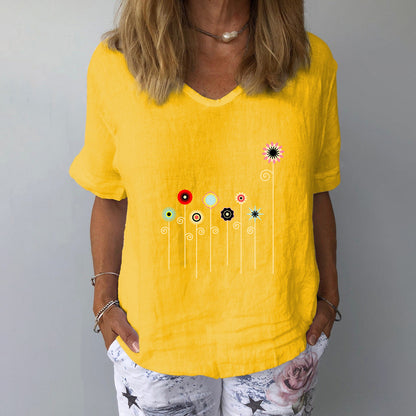 【50% DE DESCUENTO】【Tallas S-5XL】Camiseta de manga corta de algodón y lino con estampado floral