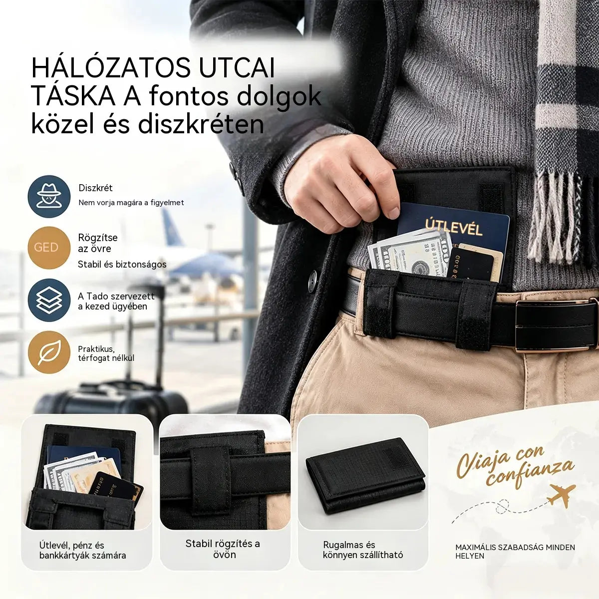 👝✨ Mini deréktáska utazáshoz – nőknek és férfiaknak | Kompakt tok útlevél, pénz, kártyák és iratok számára
