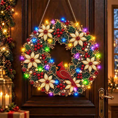 🎄 Vánoční věnec k vlastnímu sestavení s kamínky, perlami a LED světýlky! Odolný akrylový základ · 9 svátečních motivů · Dokonalá dekorace na dveře, stěny i okna · Dárek od srdce!