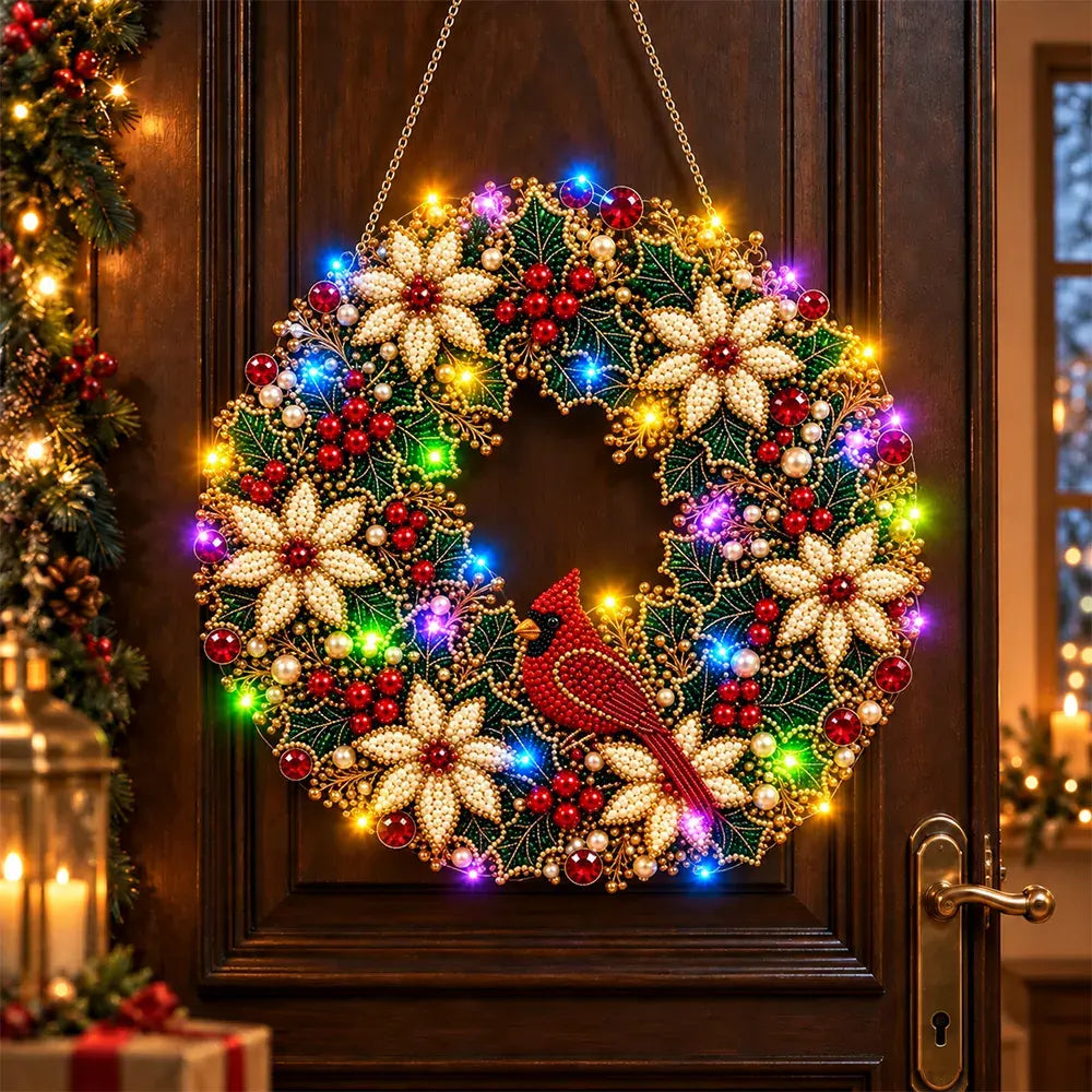 🎄 Vánoční věnec k vlastnímu sestavení s kamínky, perlami a LED světýlky! Odolný akrylový základ · 9 svátečních motivů · Dokonalá dekorace na dveře, stěny i okna · Dárek od srdce!