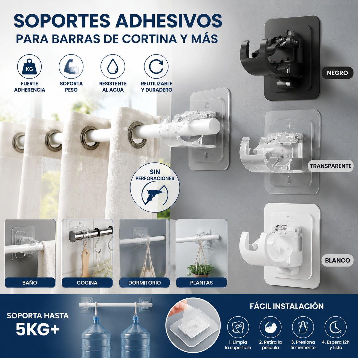 【20 piezas】Soportes adhesivos de alta resistencia para barras de cortina que no requieren taladrar; diseño transparente y gran capacidad de carga: se fijan de forma segura sin tornillos.