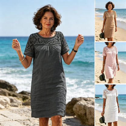 🌸Nuevo vestido de verano, confeccionado con tela de encaje patchwork, diseño de cuello redondo, tejido de mezcla de algodón y lino.