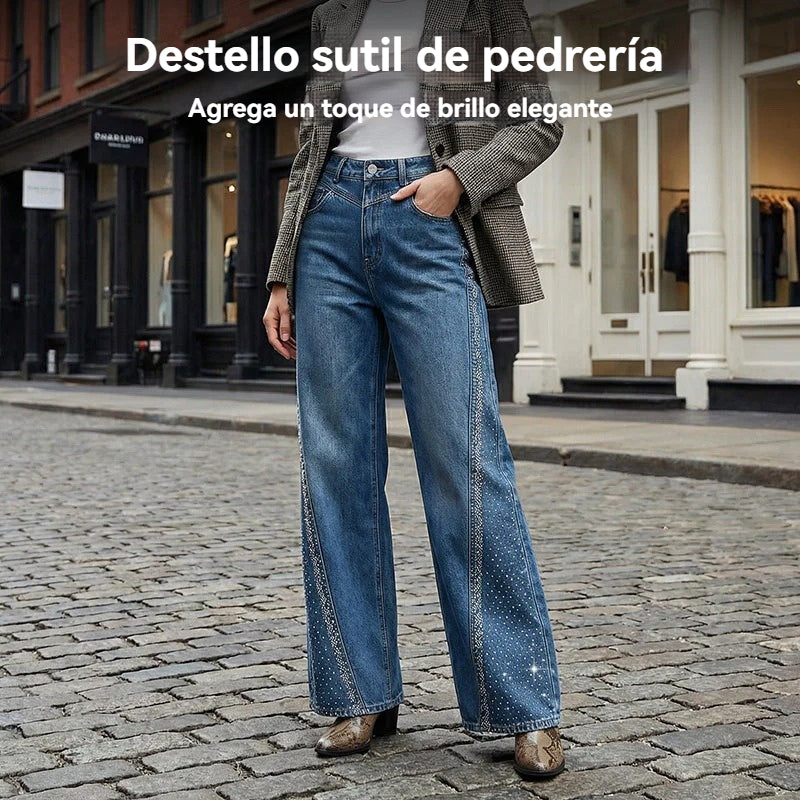 🌼【S-3XL】【Ofertas de primavera】✨Vaqueros de pierna ancha para mujer con decoración de cristales