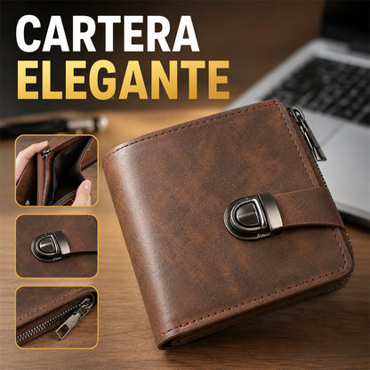 Cartera de piel auténtica para hombre: diseño retro con cremallera, compartimento para tarjetas y protección RFID.