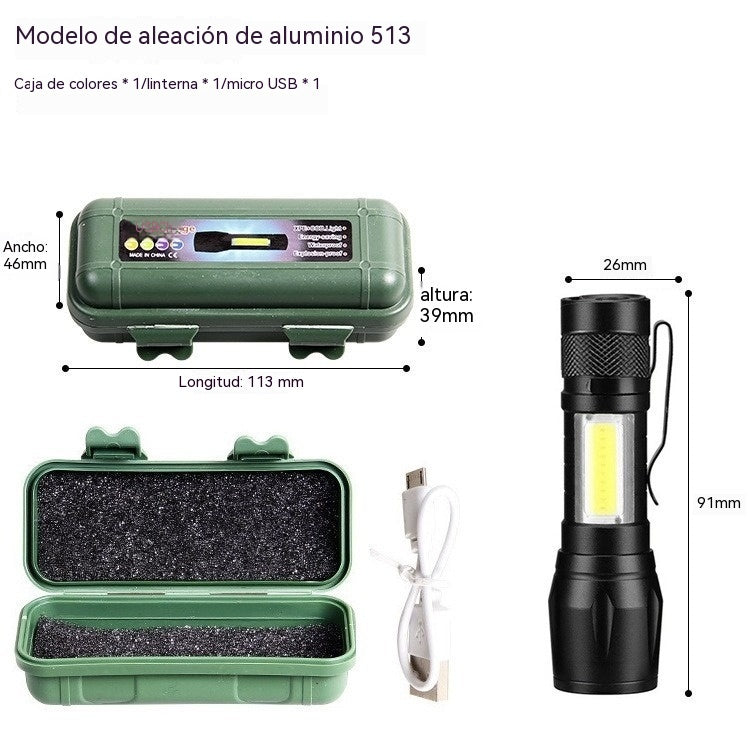 【2 unidades】Mini linterna LED ultra potente con zoom ajustable, luz lateral COB y recargable por USB, fabricada en aleación de aluminio, con caja protectora incluida.