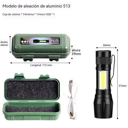 【2 unidades】Mini linterna LED ultra potente con zoom ajustable, luz lateral COB y recargable por USB, fabricada en aleación de aluminio, con caja protectora incluida.
