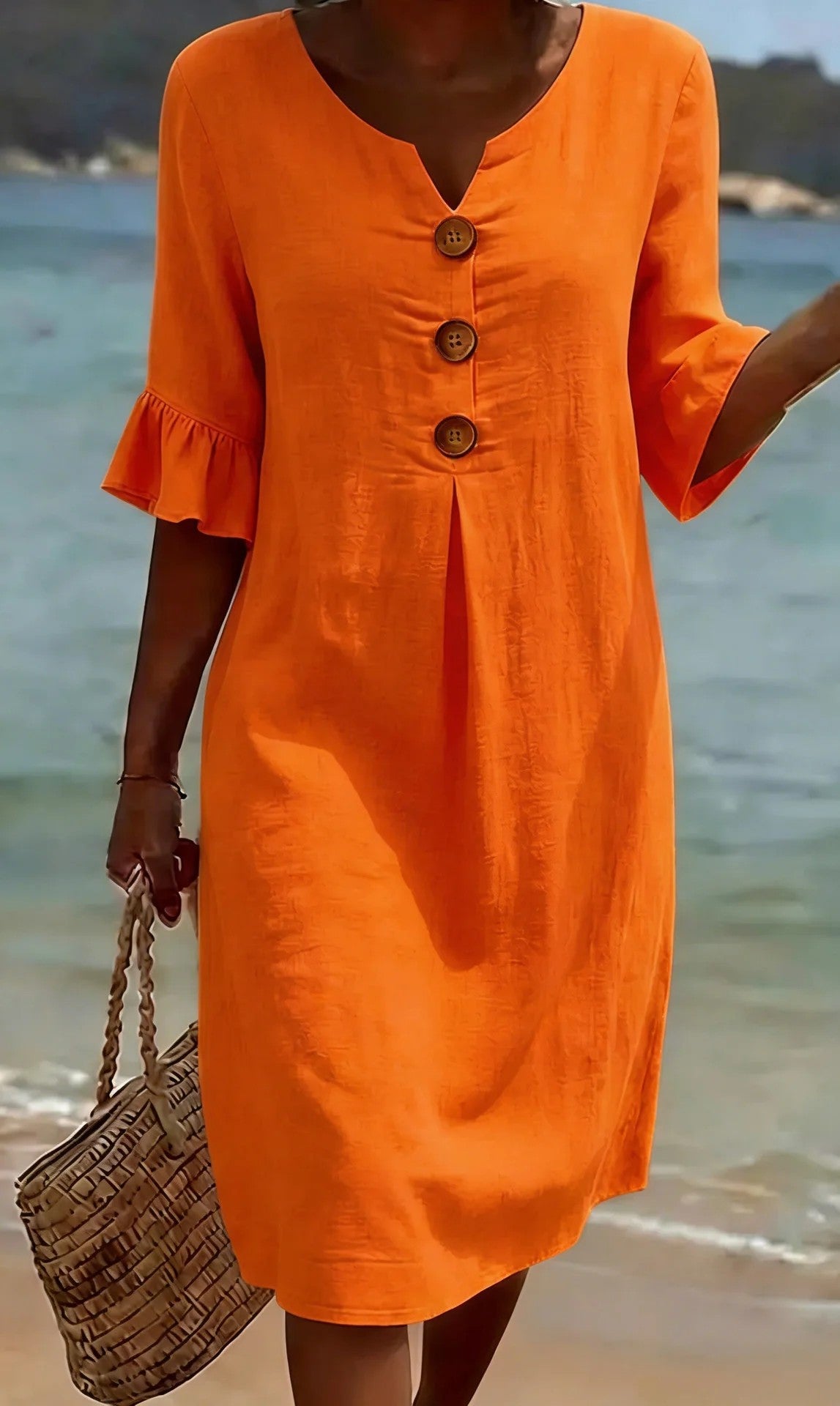 30% DE DESCUENTO 🔥【S-3XL】Vestido de mujer de algodón y lino con mangas abullonadas y botones