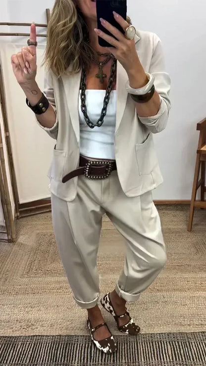 💎Descuento por tiempo limitado del 50%💎Conjunto de chaqueta y pantalón para mujer con solapas - Corte ajustado, tejido suave👖✨【40-100 kg】