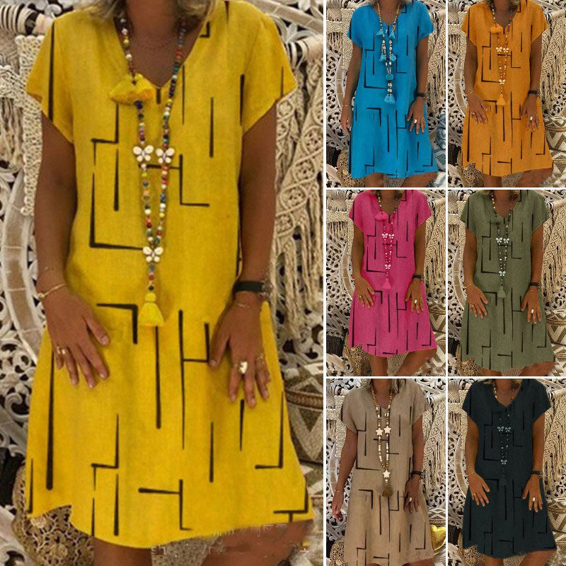 【45% DE DESCUENTO】🏆👗【Tallas S-5XL】Vestido de algodón estampado con cuello en V
