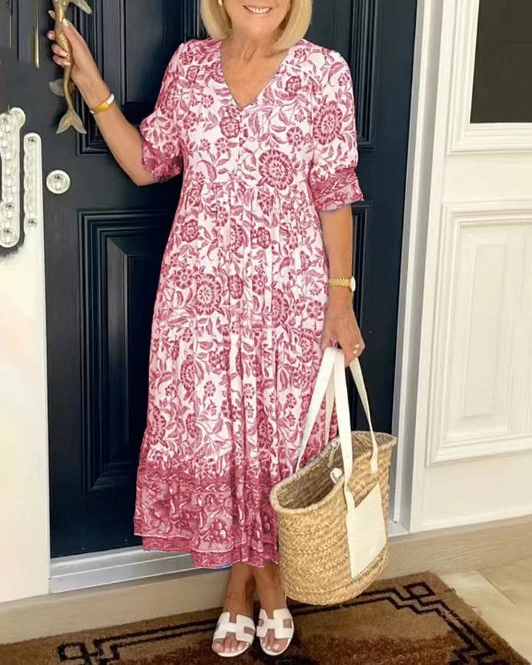 【S-3XL】2026 nuevo vestido largo floral elegante con cuello en V