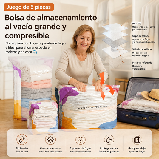 🧳✈️ 【Pack de 5】Bolsas de Compresión al Vacío para Viaje – Ahorra hasta un 80% de Espacio sin Bomba