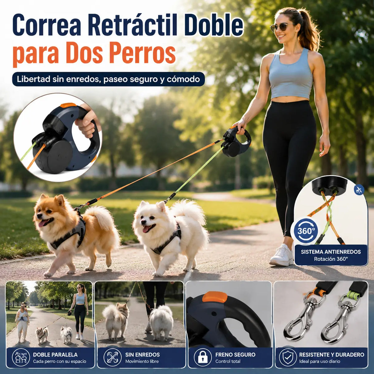 Correa para perros 2 en 1, una correa para pasear a dos perros, retráctil automáticamente, con luz incorporada y bolsa de almacenamiento.