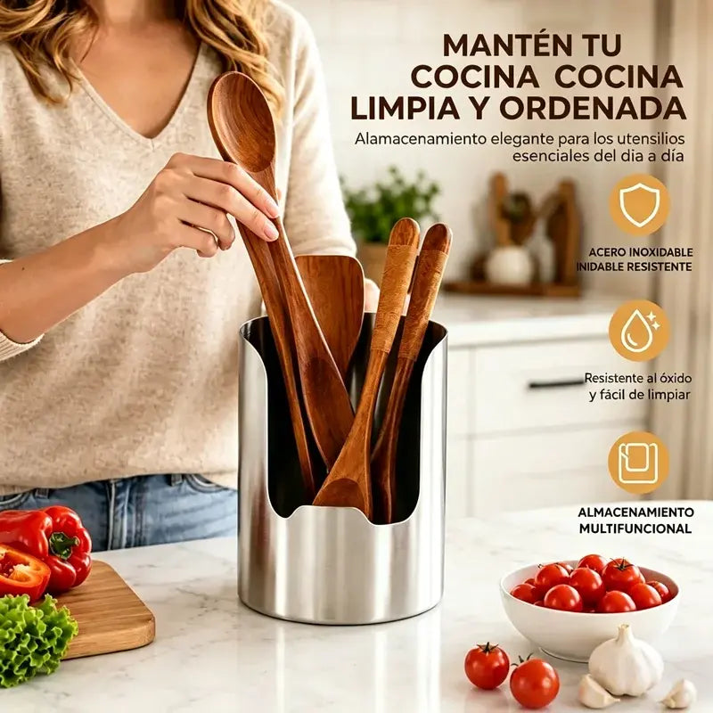 🍳 Soporte de Cocina 2 en 1 de Acero Inoxidable – Organizador para Cucharones, Tapas y Utensilios | Mantén la Encimera Limpia y Ordenada