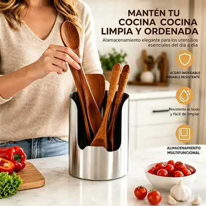 🍳 Soporte de Cocina 2 en 1 de Acero Inoxidable – Organizador para Cucharones, Tapas y Utensilios | Mantén la Encimera Limpia y Ordenada