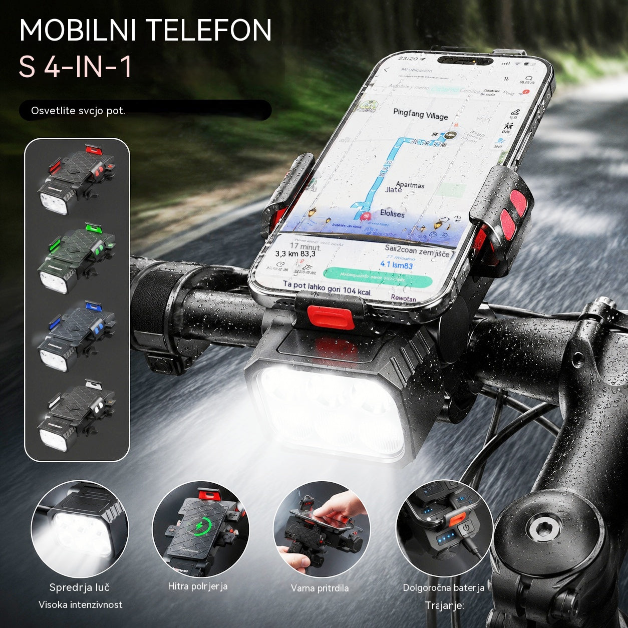 🚲💡Polnilni 4-v-1 zvočnik za gorsko kolo, luč in nosilec za telefon.