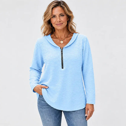 ✨【S–5XL / 5 barev】Jednobarevný dámský top se stylovým plisováním, límcem typu Peter Pan, zapínáním na zip a klasickým střihem ramen.