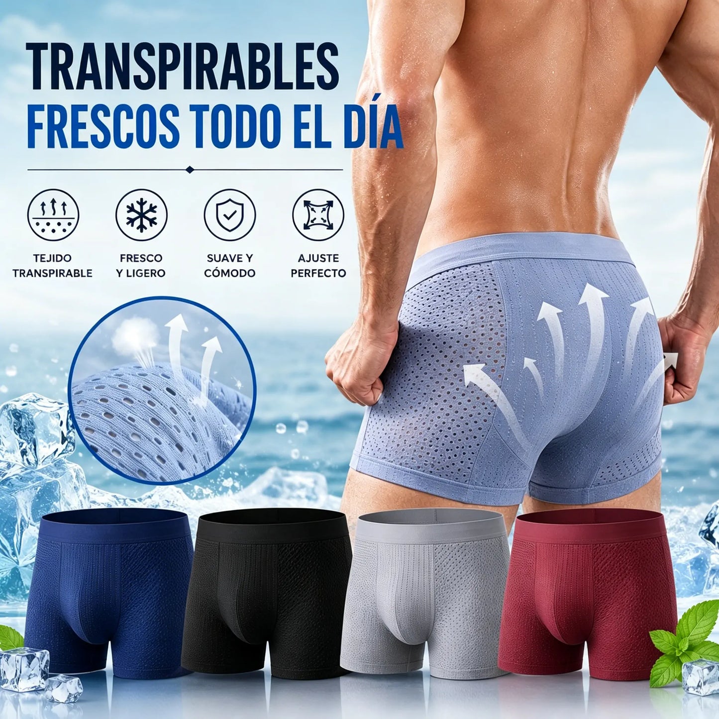 🔥【4 piezas por 26 euros】Calzoncillos bóxer de malla transpirable y cómodos para hombre