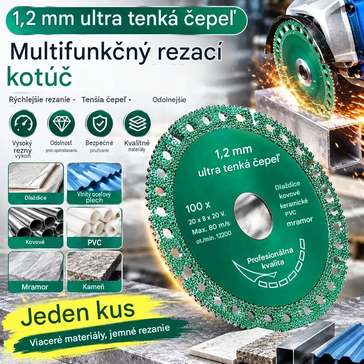 【2 kusy za 23 €】Viacúčelový kompozitný rezný kotúč do uhlovej brúsky – vhodný na obkladačky, oceľové strešné krytiny, kov, PVC, spekaný kameň a mramor