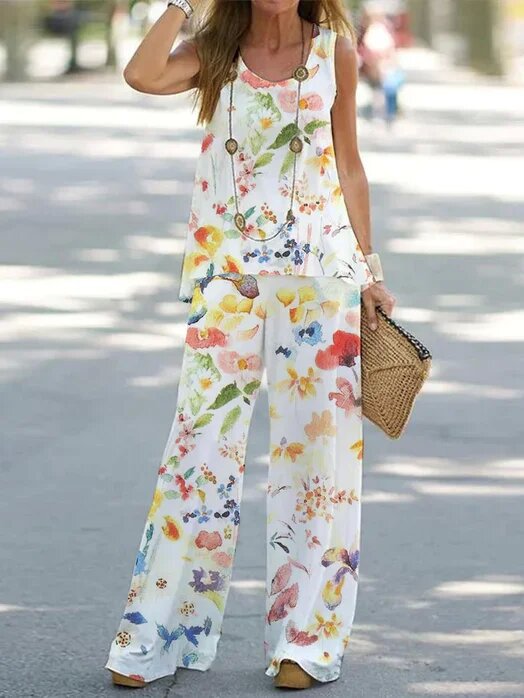 🌸 😍 【S-3XL】Traje casual estampado sin mangas [top + pantalón].