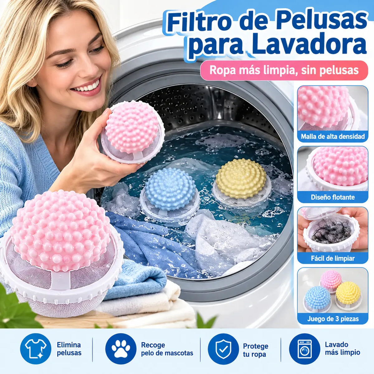 【3 piezas】Atrappelusas flotante reutilizable para lavadora