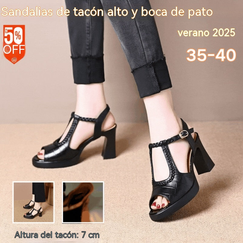 👡【35-40】Nuevas sandalias de verano 2026, tacón plano, punta abierta, suela gruesa, tacón plano, tipo boca de pez (altura del tacón 7 cm)