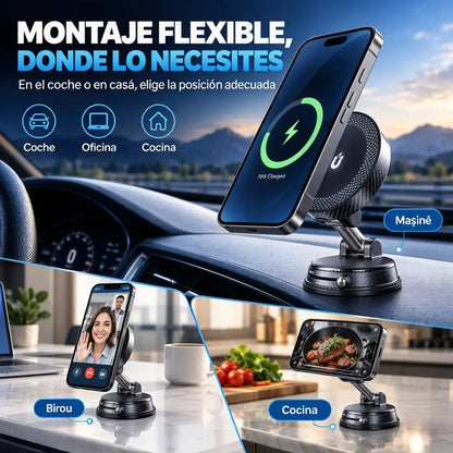 🚗📱 Soporte Magnético para Móvil con Carga Inalámbrica de 15W | Soporte de Coche con Succión al Vacío y Rotación 360°
