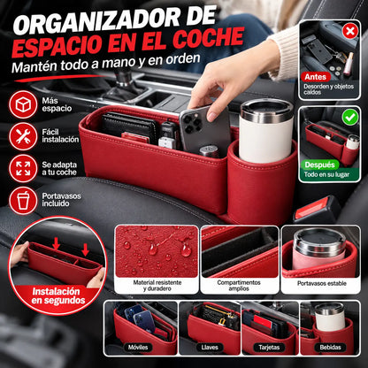 🚗Caja de almacenamiento multifuncional para el espacio entre los asientos del coche con portavasos
