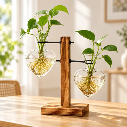 🌿🏡 Mini Jarrón de Cristal con Soporte de Madera | Florero Transparente para Plantas Hidropónicas, Flores y Decoración del Hogar