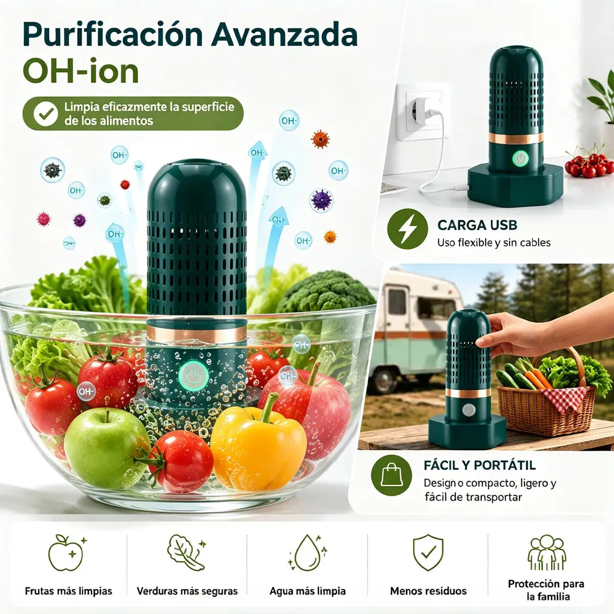🥦🥒 Limpiador Portátil de Frutas y Verduras – Purificador Inalámbrico para Alimentos con Tecnología de Iones OH
