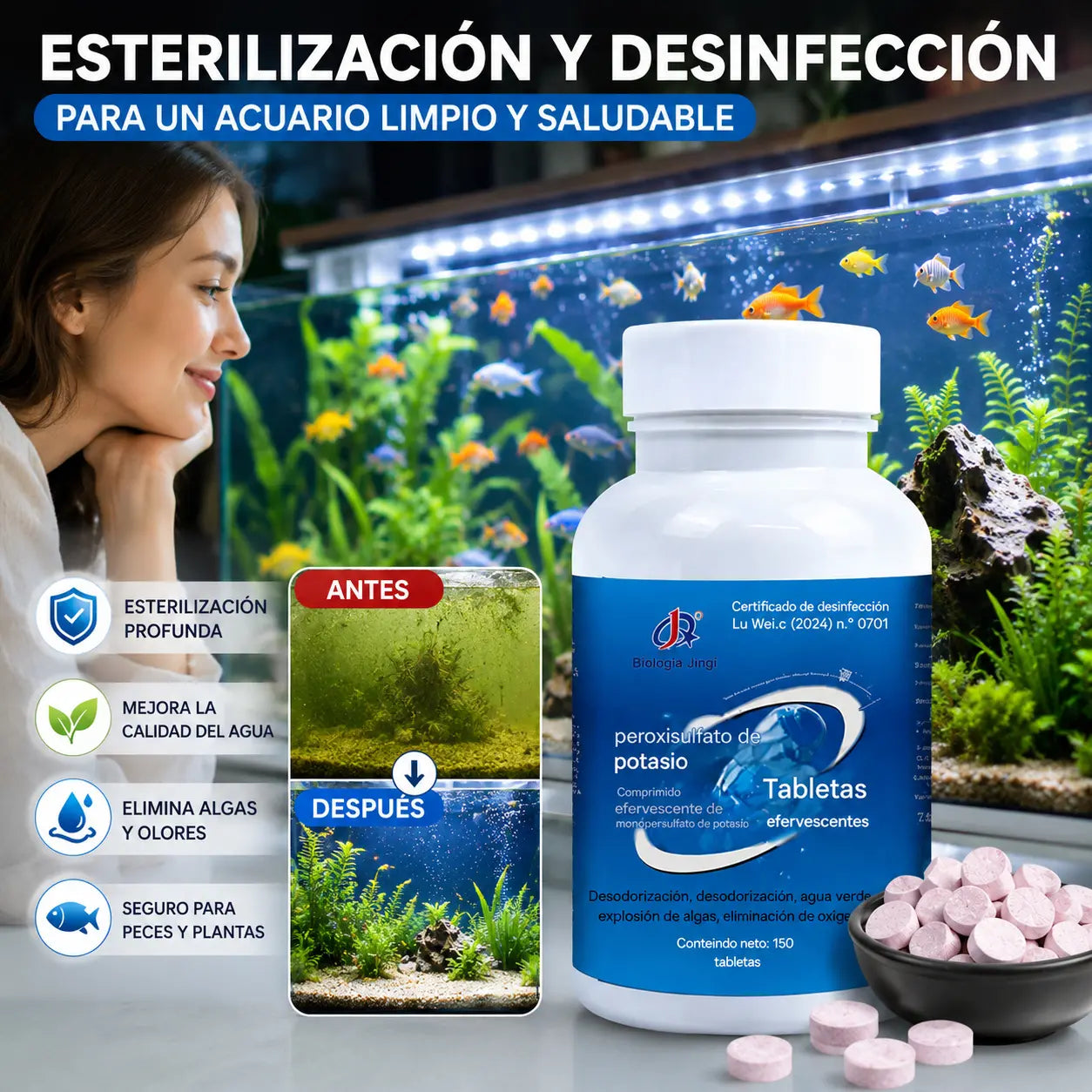 【150 cápsulas】Tabletas efervescentes para la limpieza del agua en acuarios y estanques