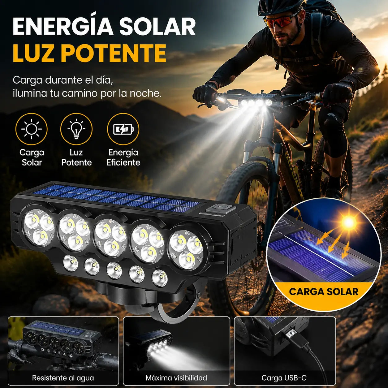 Faro solar para bicicleta con carga USB y altavoz, 900 lúmenes, luz nocturna de larga duración para ciclismo
