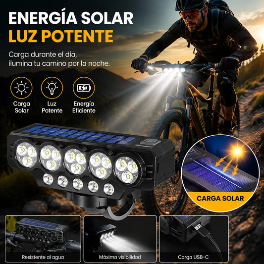 Faro solar para bicicleta con carga USB y altavoz, 900 lúmenes, luz nocturna de larga duración para ciclismo